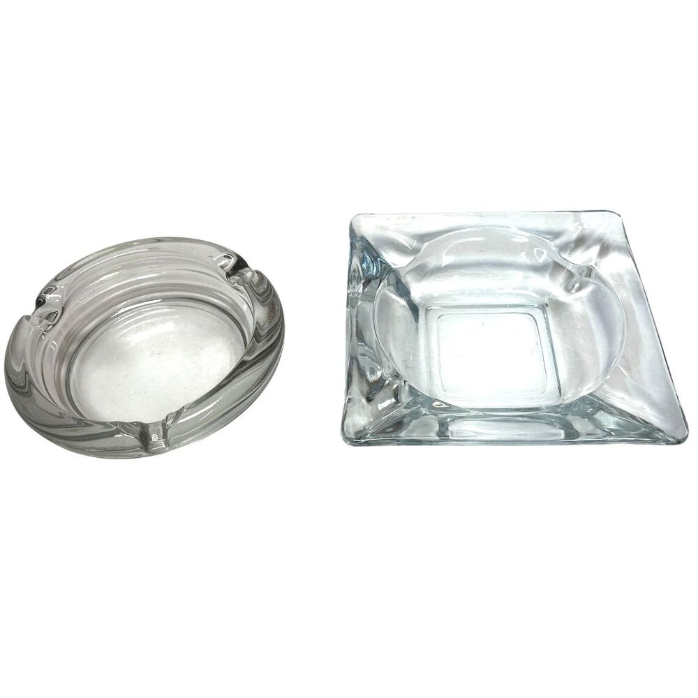 Lot Of 2 Vintage Glass Ashtrays Round & Square Clear Thick Glass Anchor Hocking